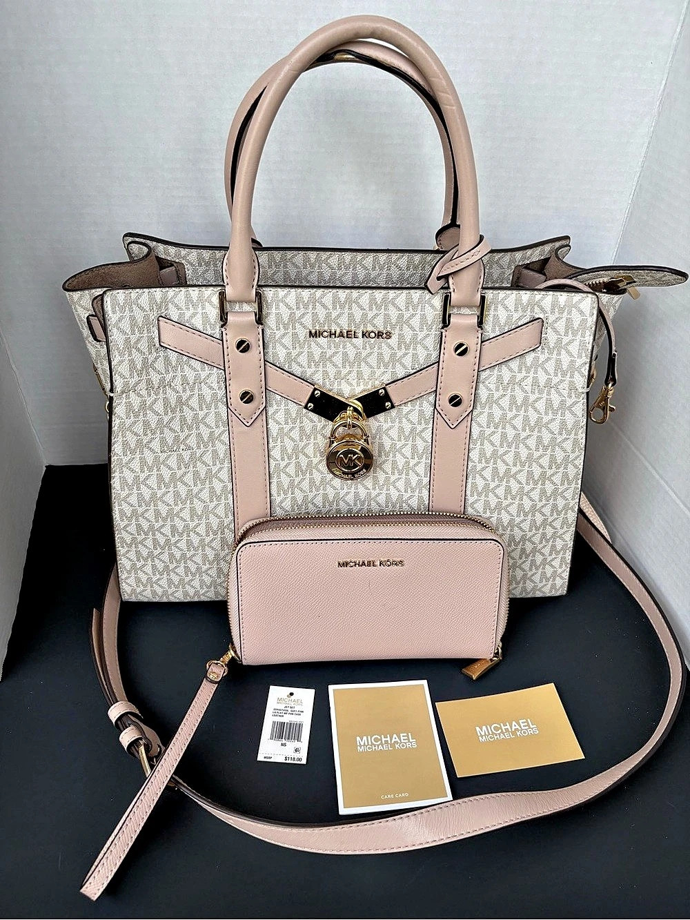 Michael Kors Nouveau Hamilton Large Logo Satchel Tote with Wristlet in Pink &